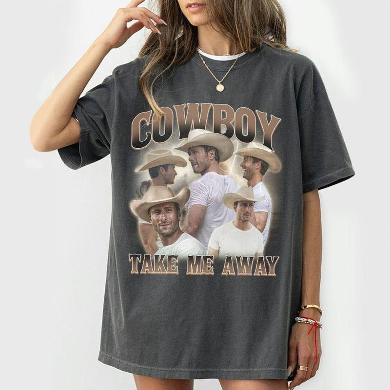 Glen Powell Cowboy Shirt Cowboy Take Me Away Vintage Bootleg Inpired 90s Movie Trending Shirt Vintage T-Shirts, Hoodie, Sweatshirt