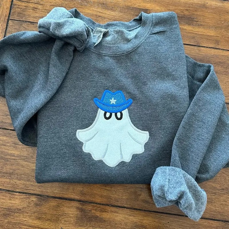 Glitter Applique Cowboy Ghost Halloween Embroidered Crewneck Sweatshirt Comfort T-Shirts, Hoodie | GrindPrints.com