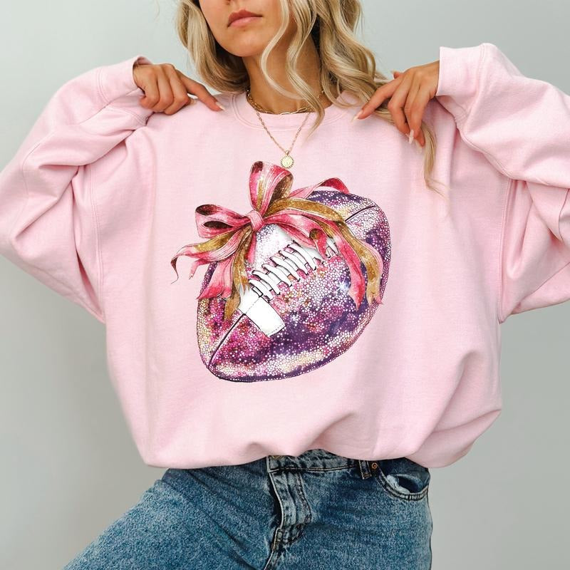 Glitter Football Coquette Bow Sweatshirt, Girly Pink Coquette Football Shirt for Girls, Cheerleading Outfits, Football...