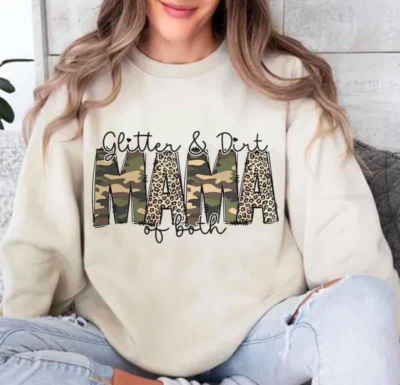 Glitter and Dust - Mama of Both Camo & Leopard Pattern Printed Sweatshirt, Mom Gift, Camo Mama Shirt Hoodie | GrindPrints.com