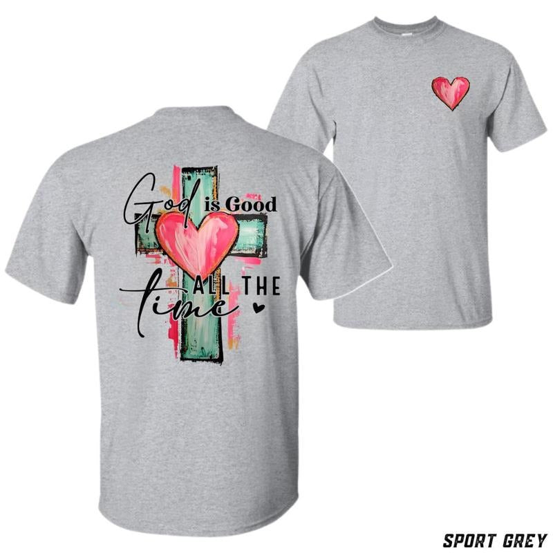 God Is Good All The Time T-shirt - Inspirational Cross Design With Heart Graphics 100% Cotton Unisex Casual Comfortable...