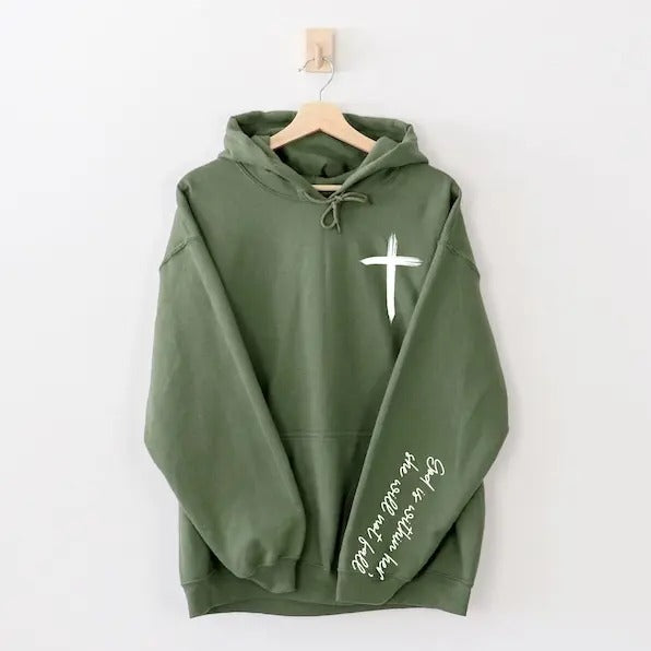 God Is Within Her Sweatshirt with Quote on Sleeve, Christian Sweatshirt, Jesus Lover Gift Cross Sweatshirt, Religious...
