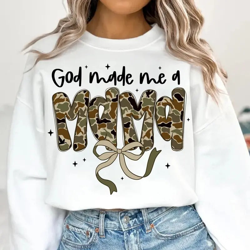 God Made Me A Mama Oldschool Camo Pattern Sweatshirt, Mama Camo Coquette Bow Tee, Mama Duck Camo Shirt, Mother's Day Gift...
