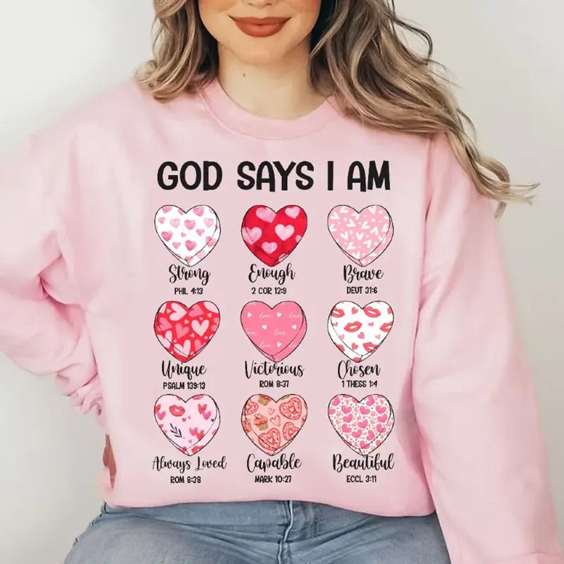 God Says I am Valentine Shirt, Jesus Valentine Tee, Christian Valentine Gift, Valentine Bible Verse Sweater, Retro...