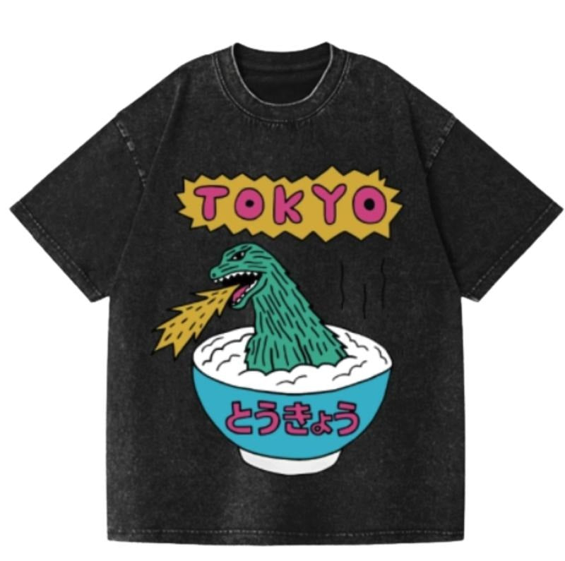 Godzilla The Monster Rice of Tokyo Vintage Wash Japanese Design T-Shirt Womenswear Streetwear Summer Crewneck Tshirt...