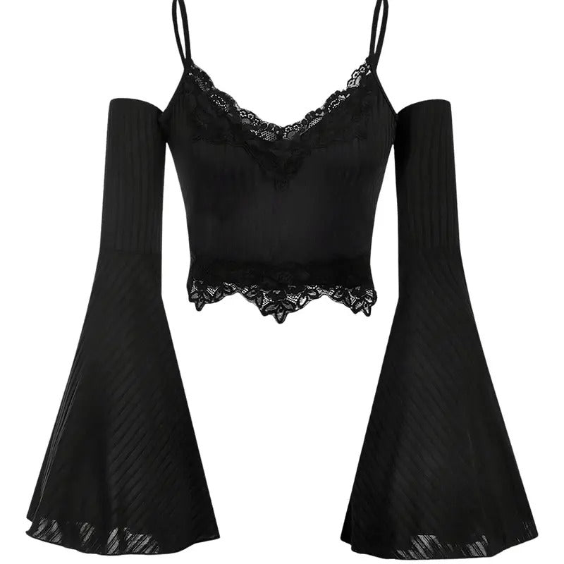 Goth Y2k Lace Trim Cold Shoulder Bell Long Sleeve Crop Tops T-Shirts, Hoodie, Sweatshirt | GrindPrints.com