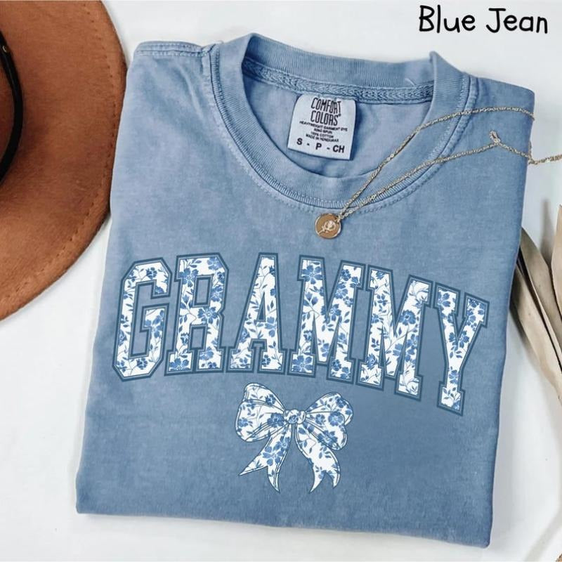 Grammy Shirt, Blue Ribbon Shirt, Mothers Day Gift, Girly Aesthetic Gift For Grandma, Cute Bow Shirt, Chinoiserie Shirt...