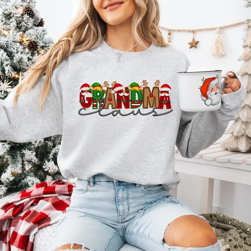 Grandma Claus Faux Embroidery Sweatshirt T-Shirts, Hoodie | GrindPrints.com