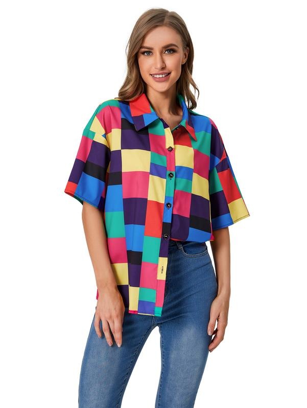 Graphic Color Block Button Down Shirts Short Sleeve 80s Blouse Top Hoodie, Sweatshirt | GrindPrints.com