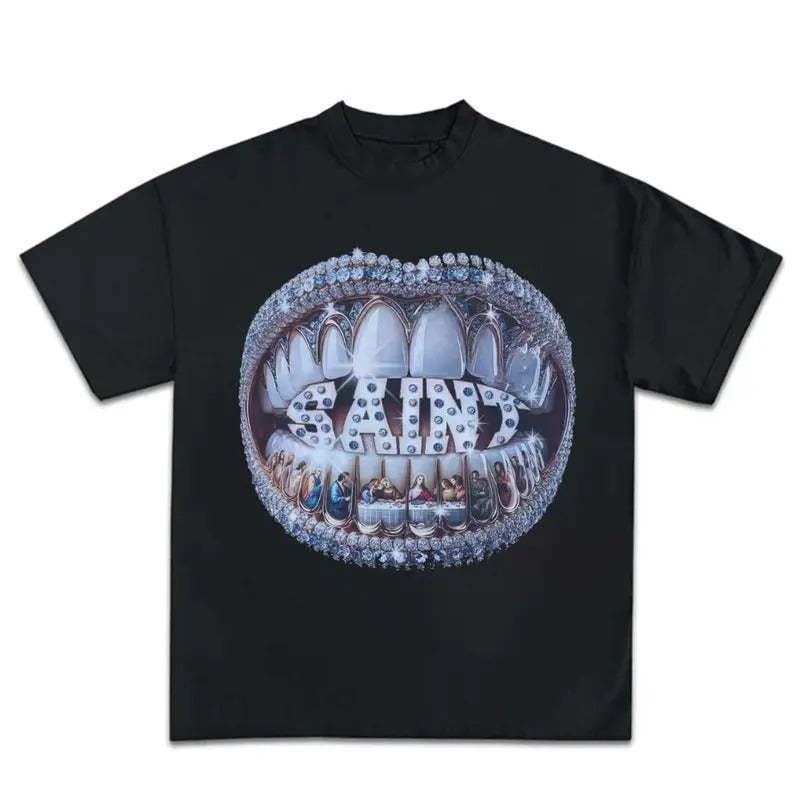 Grillz Dinamond T Shirt Y2K Short Sleeve Tops Harajuku Hip Hop Retro Teeth Graphic Print Hoodie, Sweatshirt | GrindPrints.com