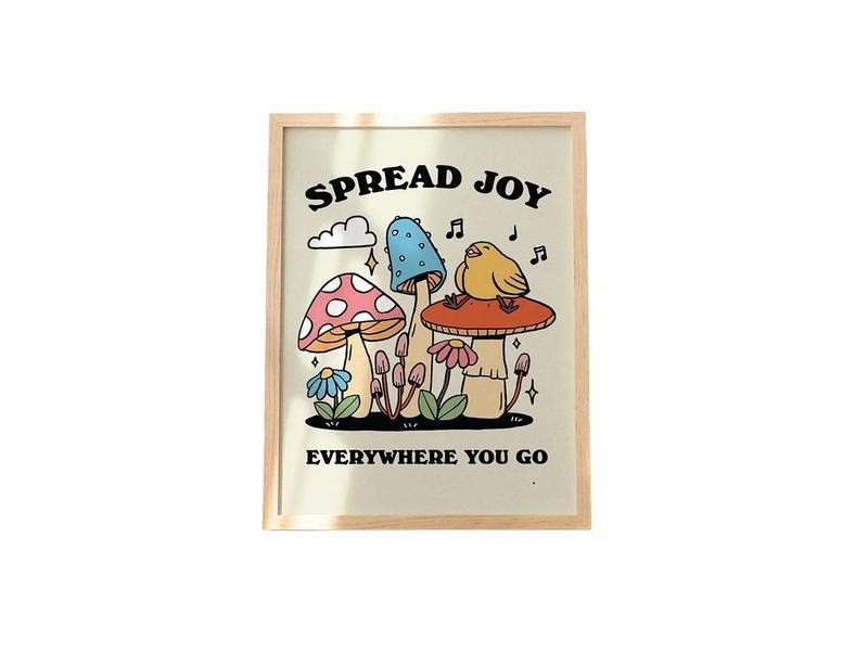 Groovy Mushroom Print, Retro Cottagecore Wall Art, Happy Kids Room Poster, Positive Quote, Poster Prints No Frame, Gifts...