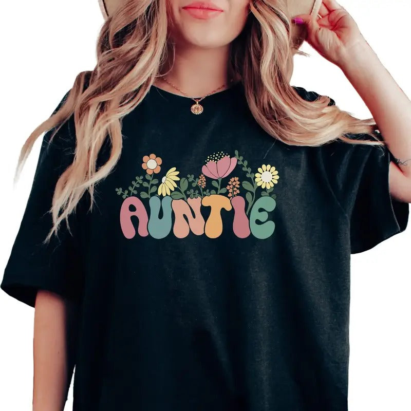Groovy Wildflowers Auntie Shirt For Aunt, Auntie Gift Tee, New Auntie Crewneck, Funny Aunt Shirt, Unisex T-Shirt, Short...
