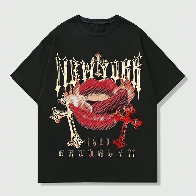 Grunge Punk Cross Lips Y2k Graphic Print T-Shirt Top Tee Streetwear Oversized Hoodie, Sweatshirt | GrindPrints.com
