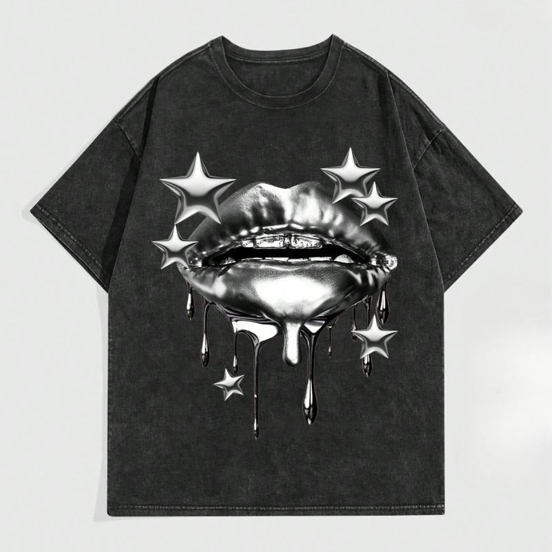 Grunge Punk Men's Street Metal Lip Print Vintage Distressed Short Sleeve T-Shirt, Vintage Graphic Tee, Unisex Crewneck...