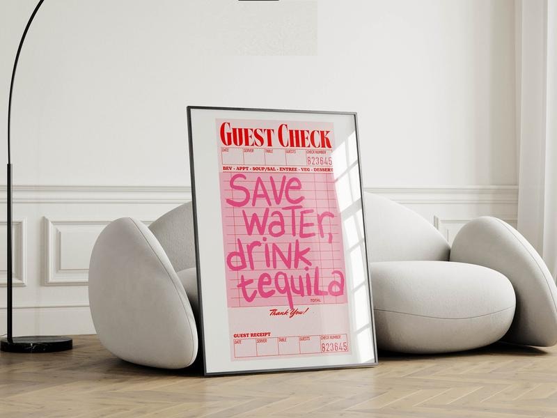 Guest Check Wall Art, Dorm Room Decor, Aesthetic Bar Cart Art Print, Trendy Guest Check Print, Save Water Drink Tequila,...