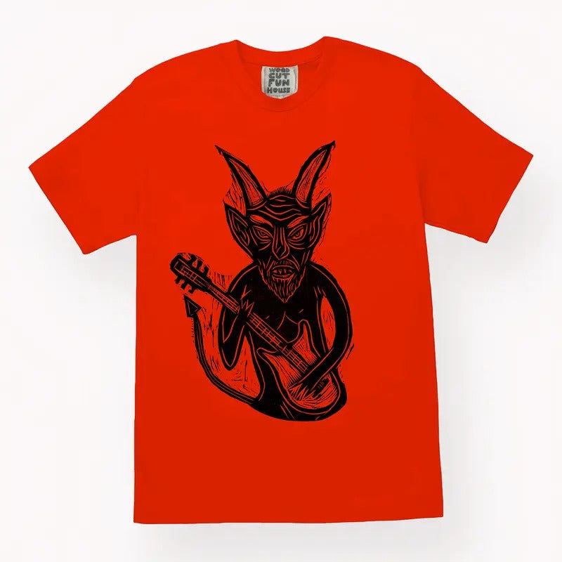 Guitar Devil Woodblock Printed All Cotton T-Shirt Menswear Top Graphic Streetwear Hoodie, Sweatshirt | GrindPrints.com