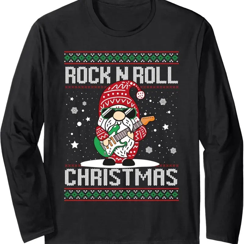 Guitarist Santa Gnome Guitar Rock n Roll Xmas Ugly Christmas Long Sleeve T-Shirt Hoodie, Sweatshirt | GrindPrints.com