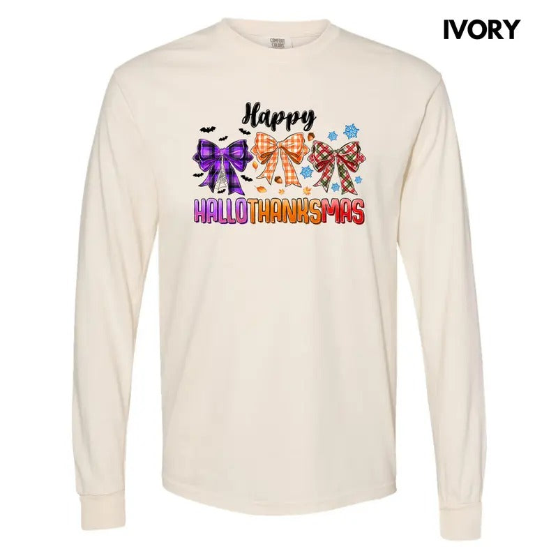 HalloThanksMas Bows Long Sleeve Comfort Colors T-Shirt 'NLB' Hoodie, Sweatshirt | GrindPrints.com