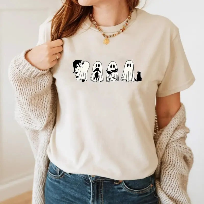 Halloween Black Cat & Ghost Shirt, Halloween Ghost Tshirt, Spooky Season Cat Tee, Cute Women Outfit, Unisex Shirt, Casual...