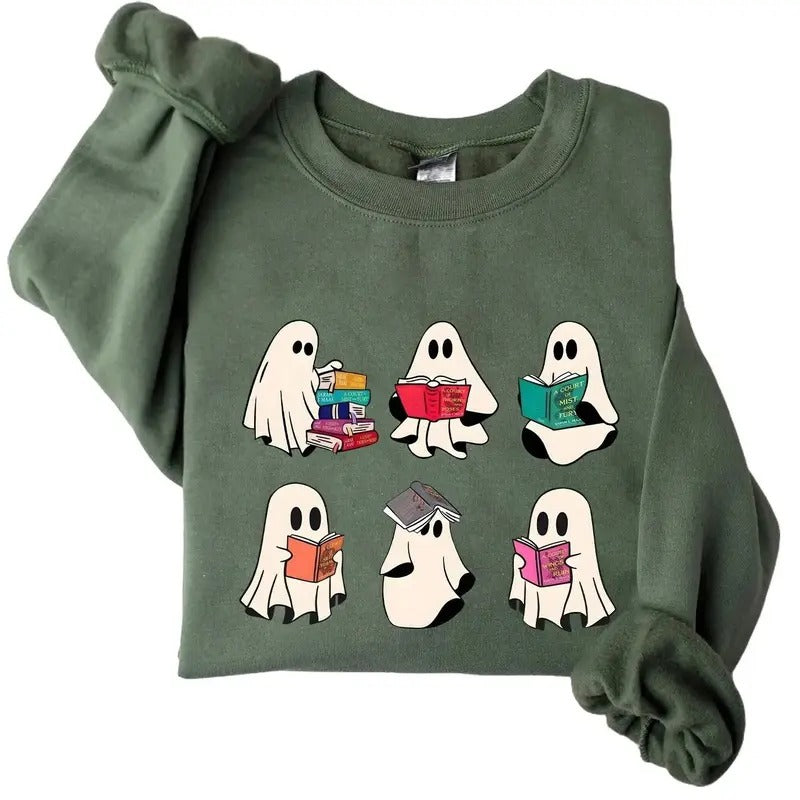 Halloween Bookish Ghost Crewneck Sweatshirt Hoodie Tshirt, Halloween 2024 Gifts | GrindPrints.com