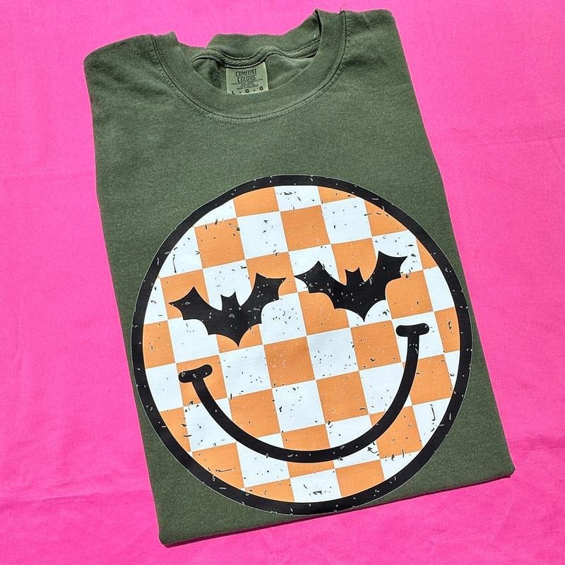 Halloween Checkered Happy Face Comfort Colors T-Shirt Hoodie, Sweatshirt | GrindPrints.com