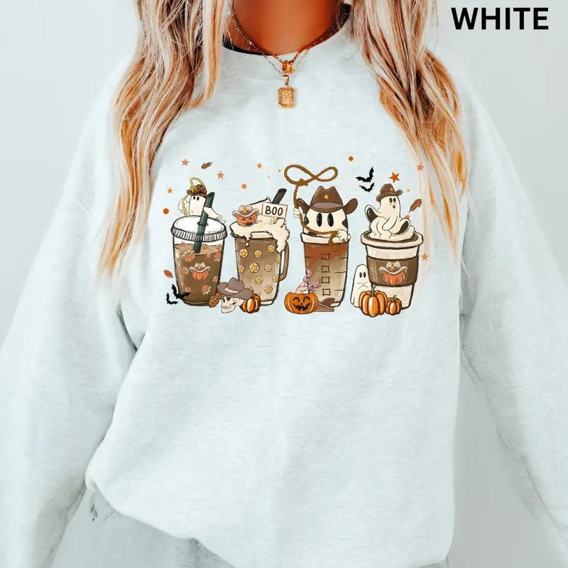 Halloween Coffee Sweatshirt, Western Halloween Coffee, Howdy Latte Sweatshirt, Spooky Season Graphic Oversized Halloween...