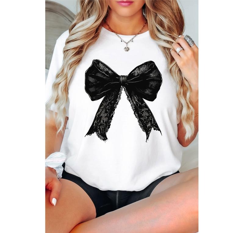 Halloween Coquette Bow Shirt, Black Coquette T-shirt, Spooky Season Bats Tee, Halloween Apparel Shirt, Trendy Halloween...