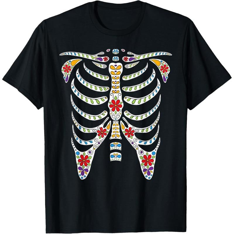 Halloween Day of Dead Skeleton Flowers Decorated T-Shirt made in usa Hoodie, Sweatshirt | GrindPrints.com