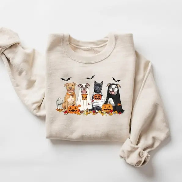 Halloween Dog Pitbull Ghost Dogs Halloween Halloween Ghost Dog Shirt Pitbull Halloween T-Shirts, Hoodie, Sweatshirt