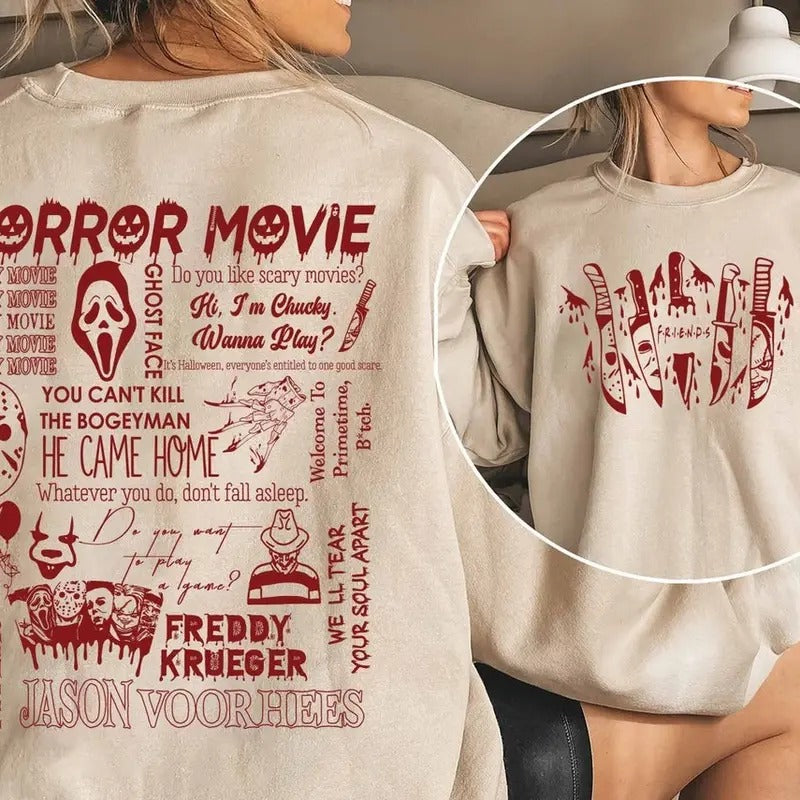 Halloween Friends 2 Sides Sweatshirt, Horror Movie Killers Halloween, Horror Film Friends, Halloween Sweatshirt T-Shirts,...
