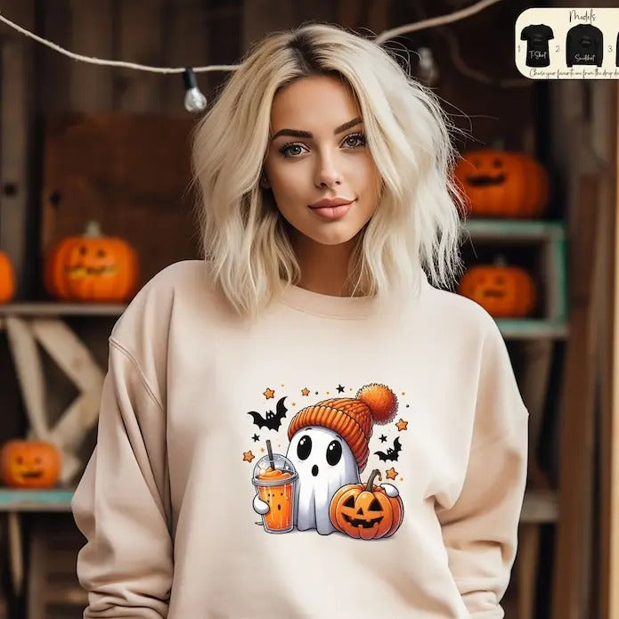 Halloween Ghost Sweatshirt, Cute Halloween T-Shirt, Halloween Women's Hoodie, Spooky Season Shirt, Trick or Treat Shirt,...