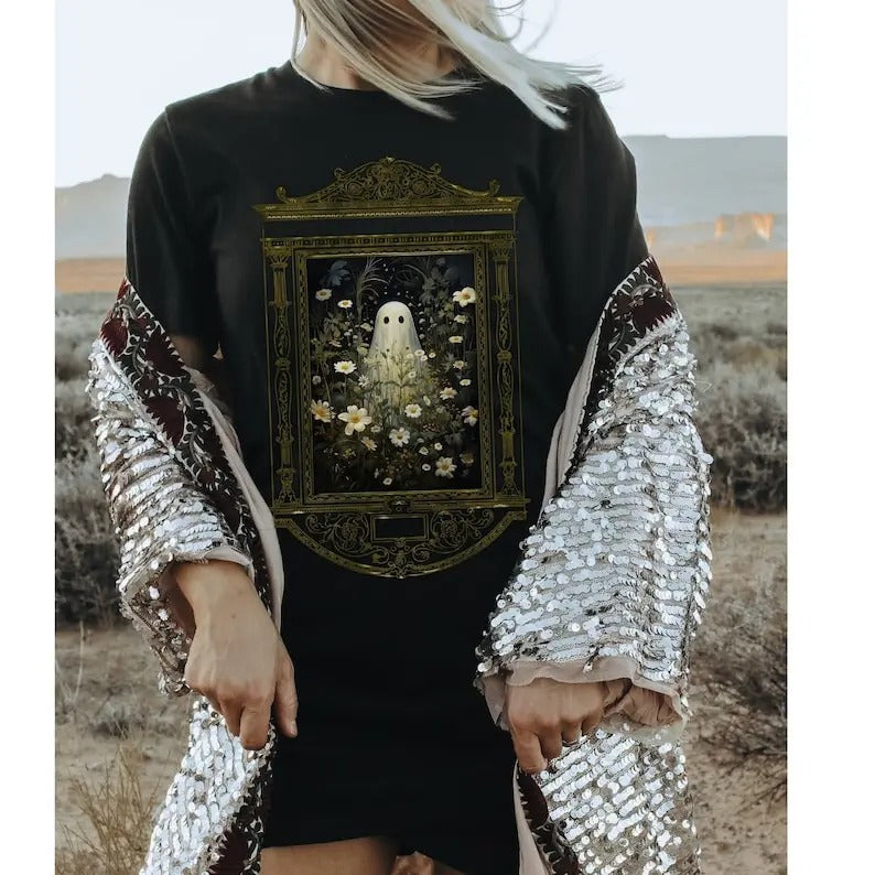 Halloween Ghost shirt, Cute Floral Ghost Tee, Dark Romantic Gothic Tshirt, Ghost Lover shirt, Girlfriend Gifted Goth,...