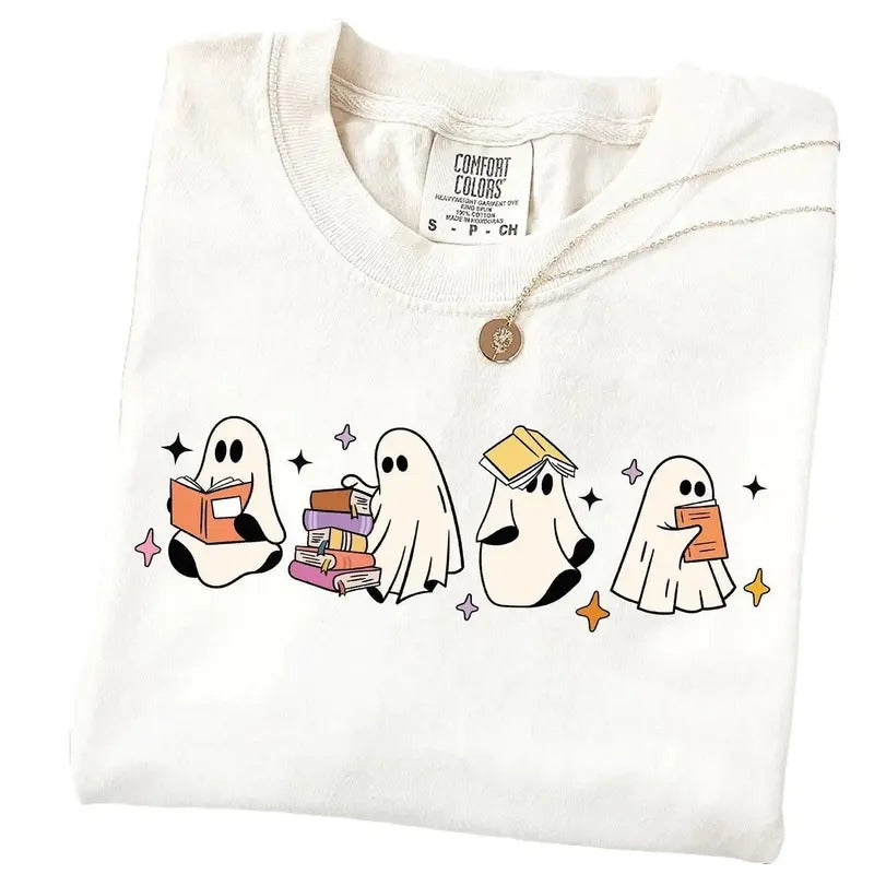Halloween Ghosts Reading Book Shirt, Cute Ghost Tshirt, Womens Halloween Comfort Colors Shirt, Bookish Book Lovers Tee,...