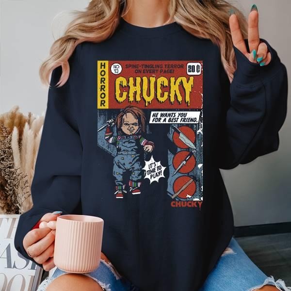 Halloween Gift Chucky T-Shirt, Child Plays Tee, Comic Cover Horror Shirt Hoodie, Sweatshirt | GrindPrints.com