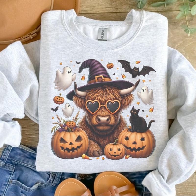 Halloween Highland Cow Sweatshirt - Ash Grey - Halloween Sweatshirt T-Shirts, Hoodie | GrindPrints.com