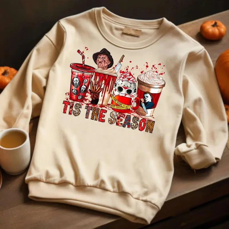 Halloween Horror Characters Coffee Shirt Tis Season Shirt Halloween Latte Drink Cup Horror Movie Shirt Coffee Lover Spooky Shirt Full Color Cotton 2 Sides Shirt Classic Cotton T-Shirts, Hoodie, Sweatshirt
