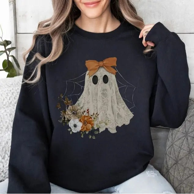 Halloween Lace Ghost Sweatshirt, Spooky Coquette Shirt, Girly Ghost Orange Bow Shirt, Lacey Ghost Tee, Spooky Season Top...