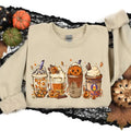 Halloween Movie Coffee Latte Sweatshirt, Halloween Characters Coffee Cup Sweatshirt, Halloween Drink Cozy Shirt, Womens...