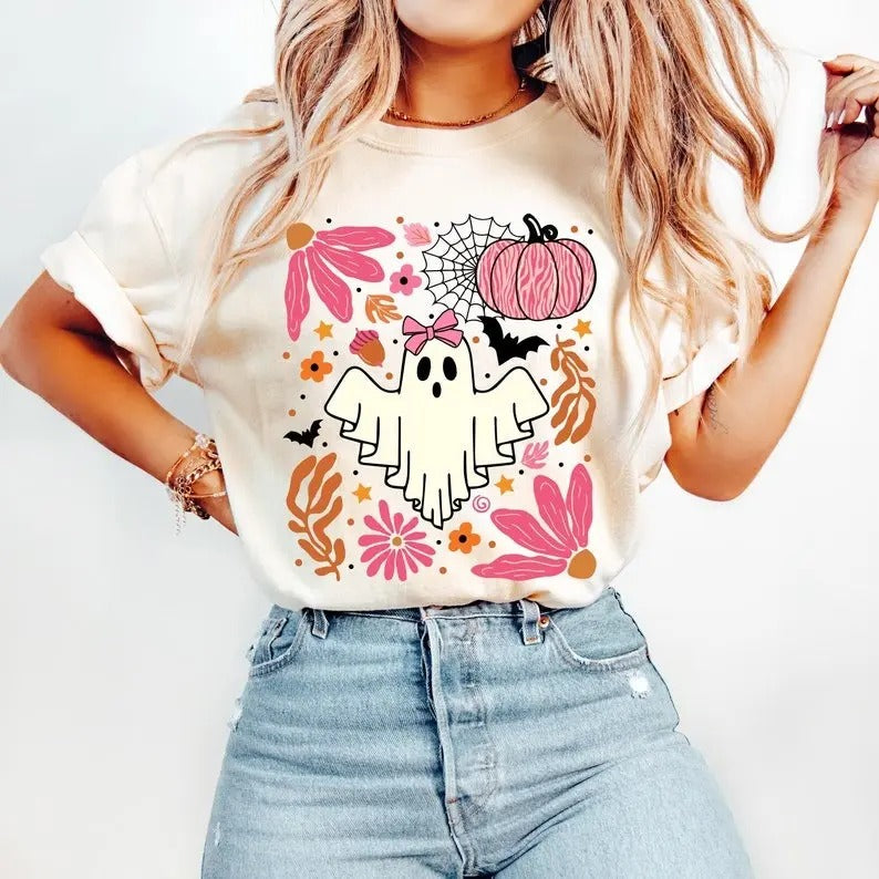 Halloween Pink Ghost Shirt, Leopard Pink Pumpkin Sweatshirt, Boho Floral Fall Tee, Halloween Autumn Vibes, Spooky Season...
