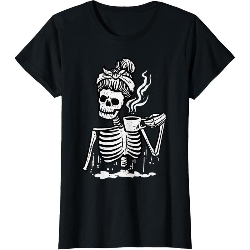 Halloween Skeleton Messy Bun Coffee Funny Costume Mom Women T-Shirt made in usa Hoodie, Sweatshirt | GrindPrints.com
