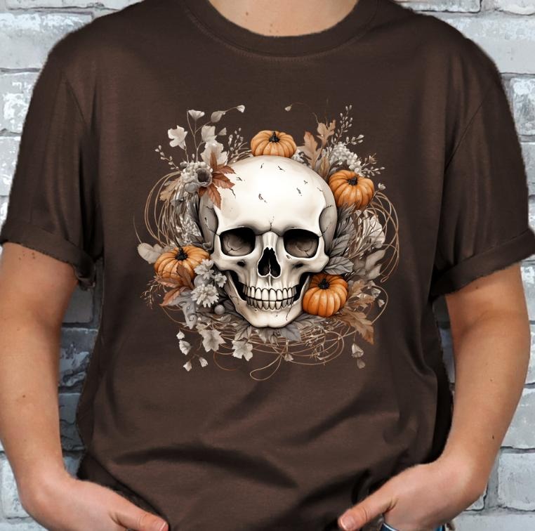 Halloween Skull and Pumpkins Autumn Fall T-shirt Casual Shortsleeve Hoodie, Sweatshirt | GrindPrints.com