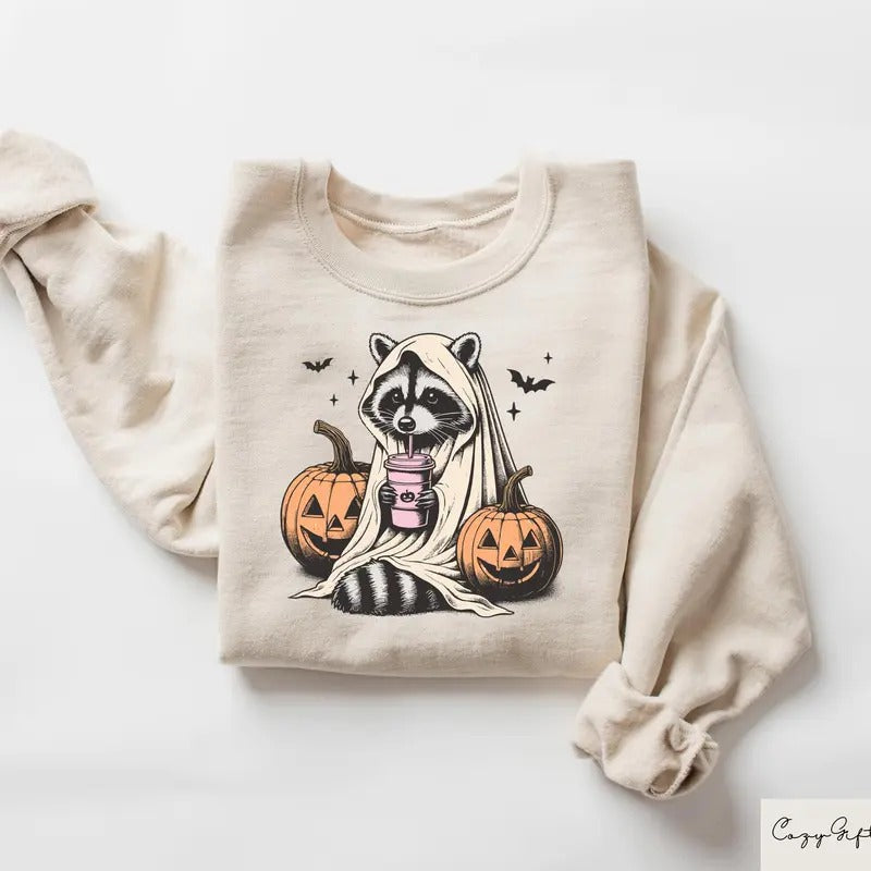 Halloween Sweatshirt, Cute Raccoon Ghost T-Shirt, Retro Halloween Shirts, Spooky Season Gift, Raccoon Halloween Shirt,...