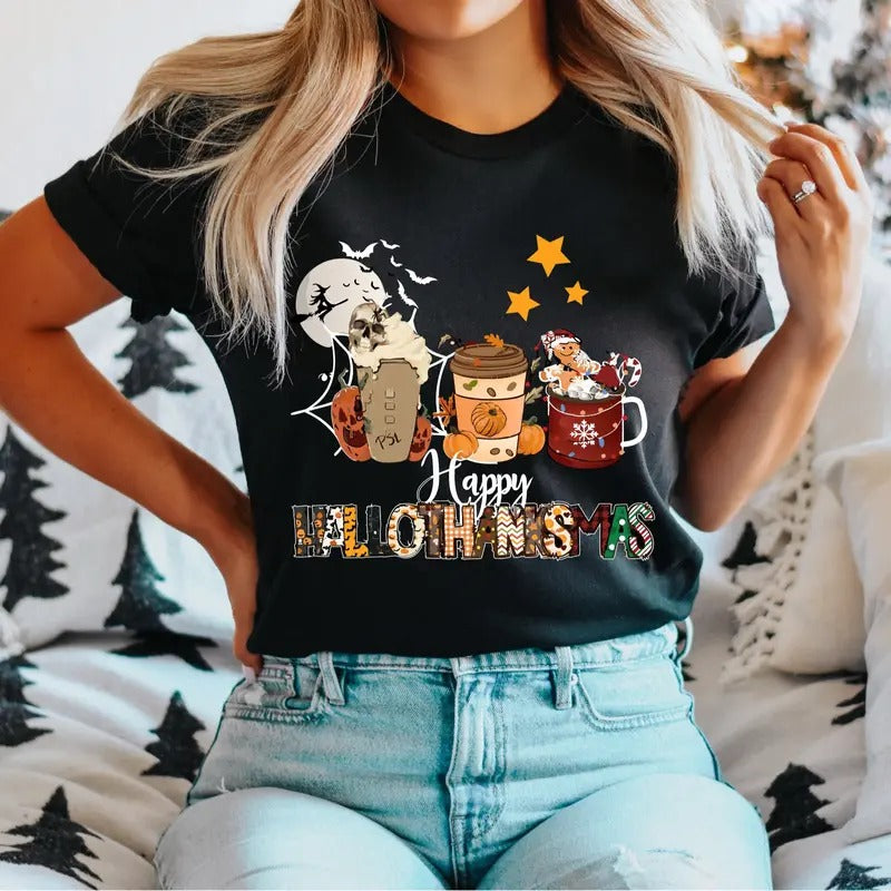 Halloween Thanksgiving Christmas T-Shirt, Funny Halloween Shirt, Halloween Gifts Tee, Women's Christmas Tee, Christmas...