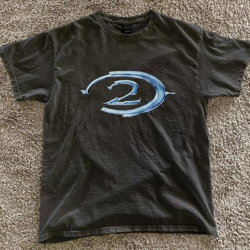 Halo 2 retro black tee blue logo Vintage Gaming Shirt Y2k ad campaign promo- vintage y2k tshirt Menswear Top Hoodie,...