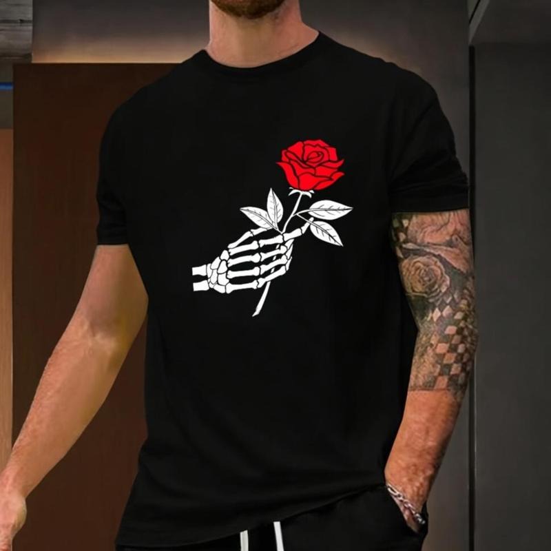 Hand With Rose Print Men's Short Sleeve T-shirt Casual Sports Regular Top For Spring Summer Made in USA Hoodie, Sweatshirt
