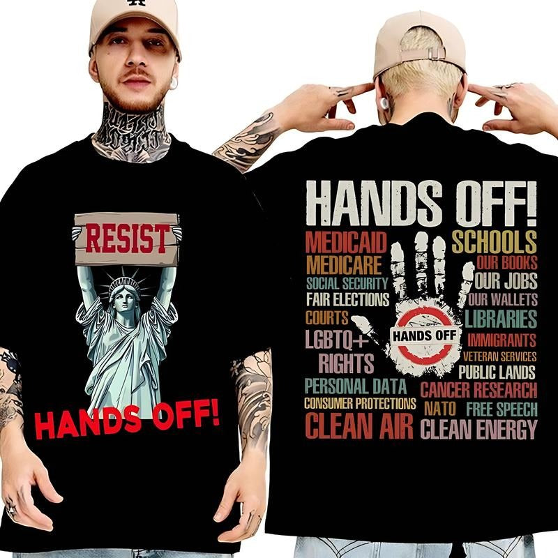 Hands Off Resist T-Shirt for Men and Women - Trendy Political Design, Vintage Style, Short Sleeve, Cotton, Casual Wear,...