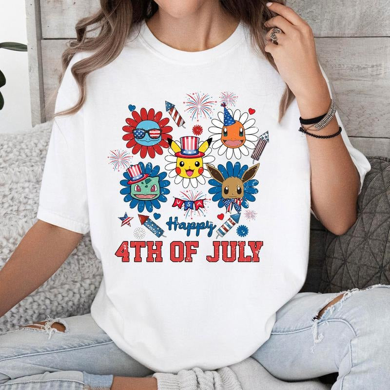 Happy 4th of July PKM Anime Firework Independent Day Tshirt Crewneck Hoodie Comfort Cotton Sweatshirt | GrindPrints.com
