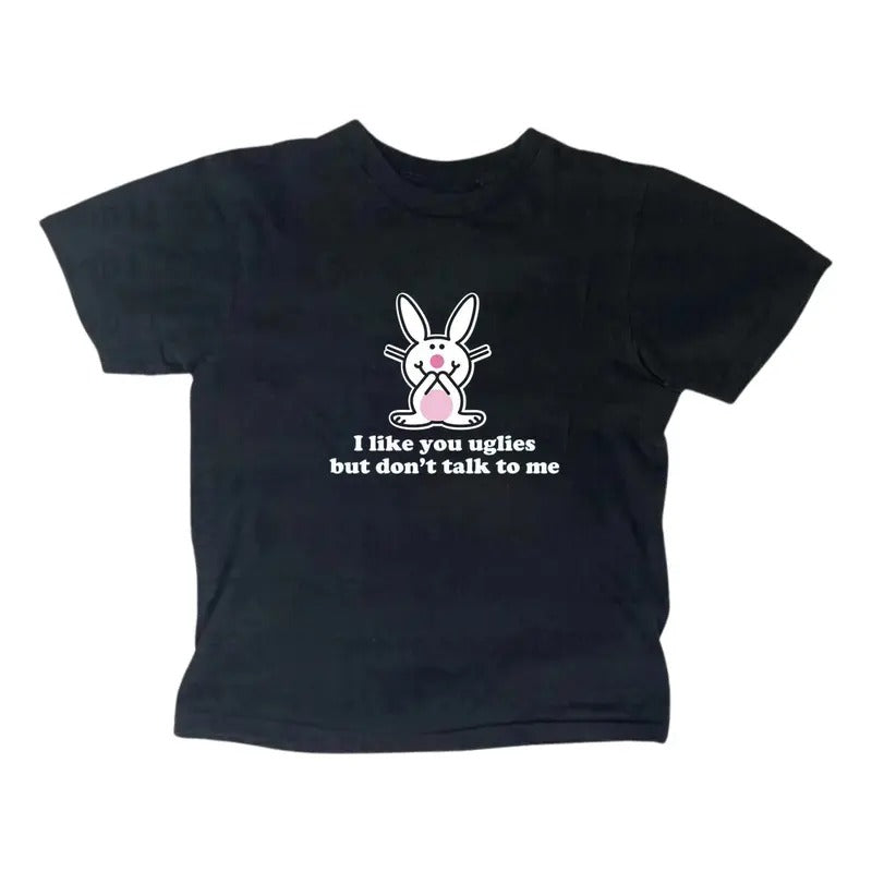 Happy Bunny I Like You Uglies Baby Tee, Gothic Emo Girl Top, Scene Clothing 2000s, Casual Cotton Short Sleeve, Y2k Top...