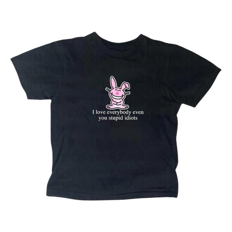 Happy Bunny I Love Everybody Baby Tee, Gothic Emo Girl, Scene Clothing 2000s, Casual Cotton Short Sleeve, Y2k Top Women...