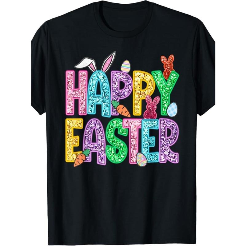 Happy Easter" Vibrant Bunny & Eggs Graphic Tee for Men, Women, and Youngsters